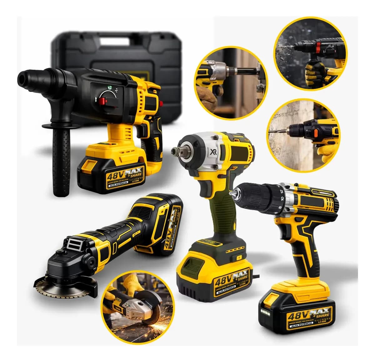 Kit Multiferramentas 4 Em 1 | 48V Sem Fio Com 2 Baterias Furadeira Parafusadeira, Martelete, Esmerilhadeira, Chave De Impacto Com Maleta Alta Potência Uso Profissional E Doméstico Simake